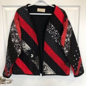 Quilted jacket open front contrast prints light fleece lining handmade.